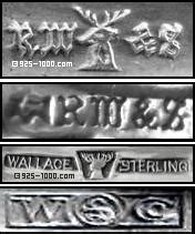 marks and hallmarks of American and Canadian sterling silver, coin silver, solid silver, silver plate makers, with makers marks, location, history of American metalware makers J. . R wallace silver marks
